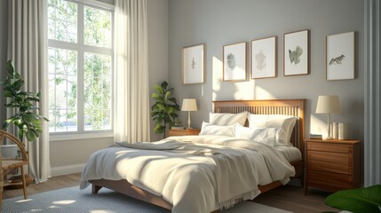 Mock up frame in a modern master bedroom featuring natural wooden bed and elegant decor, 3D render 