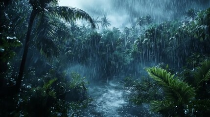 Fototapeta premium Fury of Nature: Dramatic Footage of a Tropical Storm Ravaging a Lush Rainforest