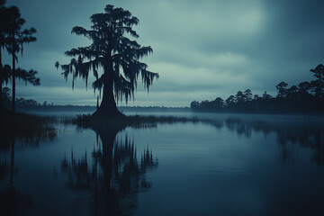 The swamp at night looks scary with a dark tree growing in the middle as if an evil spirit is haunting it.