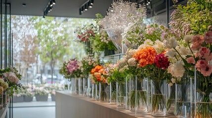 Colorful Flower Bouquet Display in Glass Vases