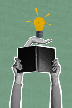 Collage 3d image of pinup pop retro sketch of hands hold reading book electric bulb bizarre unusual fantasy billboard