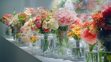 Colorful Flower Bouquets in Glass Vases on White Table