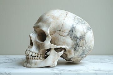 Fototapeta premium A hyper-realistic 3D render of a human skull, perfect for Day of the Dead (Dia De Los Muertos) events, educational materials, and themed decorations.