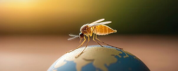 Mosquito landing on a globe, symbolizing the global impact of an insect outbreak, global outbreak, mosquito pandemic