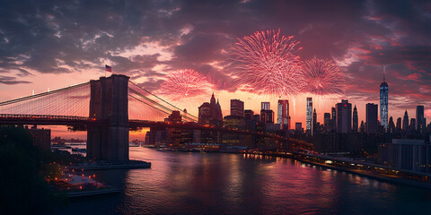 Fototapeta premium New York Manhattan panorama of Brooklyn Bridge with America USA flag, vanilla sky lots of fireworks at sunset. 4 July Independence Day celebration