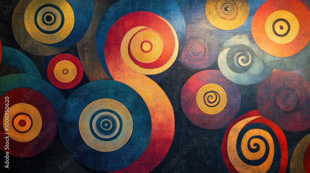 Poster a dynamic background featuring various spiral patterns, from bold, colorful swirls to subtle, textur