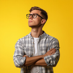 Fototapeta premium Confident young man looking away, standing with crossed arms isolated on yellow