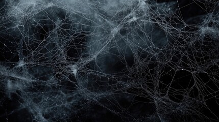 Intricate spider webs, ranging from fine to thick, scattered across a dark, foggy Halloween backdrop. Water droplets and shadows add depth to the eerie atmosphere.