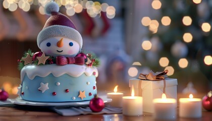 close up Christmas Festive cake topped with holiday decorations on blurred home interior background, bokeh, family holiday evening