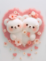 かわいいフェルト風の新郎と新婦（花のハートフレーム）