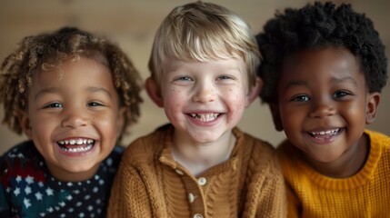 A portrait of three happy kids from diverse backgrounds, smiling warmly
