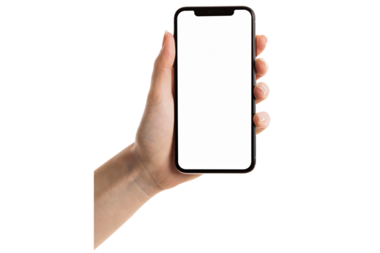 Female hand holding a modern smartphone with blank screen isolated on transparent background