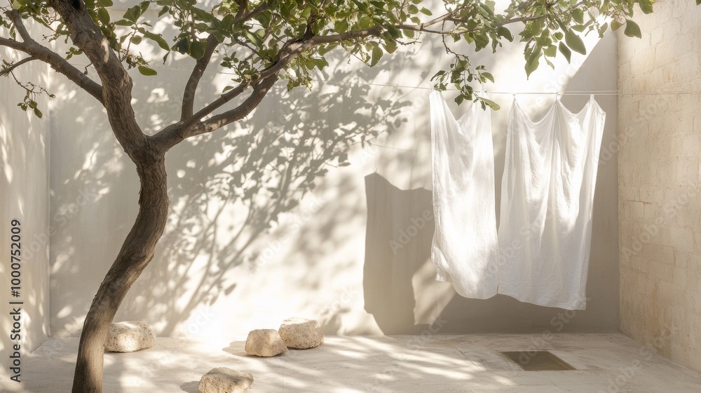 Poster a tree is in the background of a room with white sheets hanging on a line
