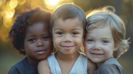 A portrait of three happy kids with different skin tones, smiling warmly