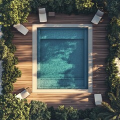 A top-down view of a modern swimming pool, with sleek, geometric designs and a wooden deck surrounding the area.