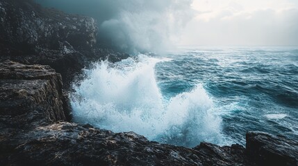 Naklejka premium Majestic Stormy Ocean Seascape with Powerful Waves Crashing on Rocky Coastline Creating Dramatic Splashes