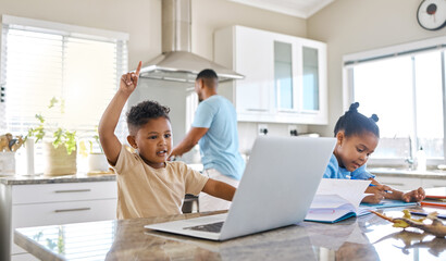 Video call, homework and children in home with laptop for online learning, education and lesson website. School, family and kids with answer on computer and writing for assessment, knowledge and quiz