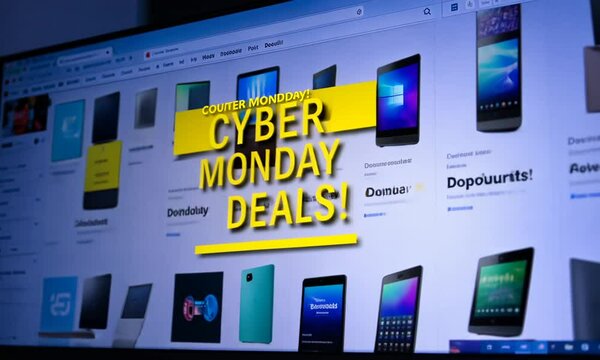Image of a monitor displaying the website of an online shop, with a banner with the words "Cyber Monday" on the screen. Generated with AI
