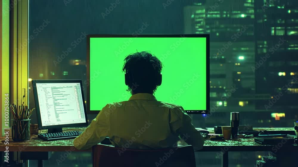 Poster a person sits at a desk in front of a green screen computer, working late at night with a view of a 