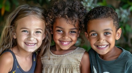 A warm portrait of three smiling children from varied backgrounds, natural lighting
