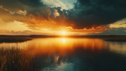 Obraz premium Majestic Sunset over Serene Lake with Storm Clouds - Ultra-Realistic Nature Landscape