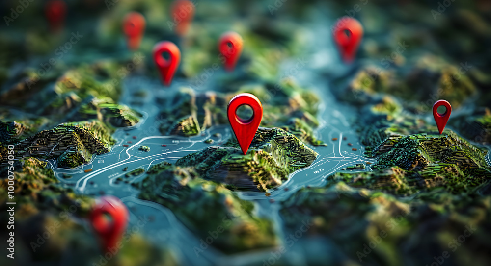 Poster multiple red location markers on a detailed topographic map