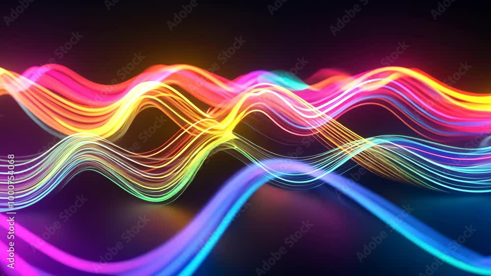 Poster abstract waves of light in various colors move across a dark background