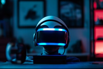 Fototapeta premium Man Wearing VR Headset in a Dark Room
