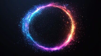 Vibrant circular fractal design with glowing blue and pink particles on a dark background, creating a cosmic effect.