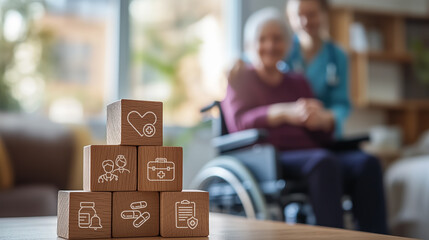 Elderly care and healthcare service.Wooden blocks with healthcare-related icons are stacked in the foreground, symbolizing medical care and support, while an elderly person in a wheelchair background.