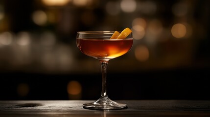 A glass of liquor with a slice of orange in it