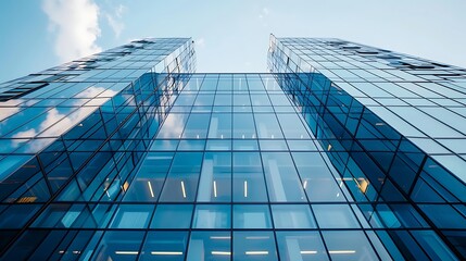 Fototapeta premium Low angle view of modern skyscraper with glass facade reflecting sky and clouds for symbolizing urban development and architectural innovation city landscape design concept.
