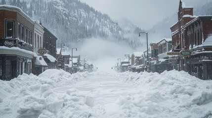 Fototapeta premium Winter's Wrath: Intense Blizzard Blanketing Small Mountain Town in Snowdrifts