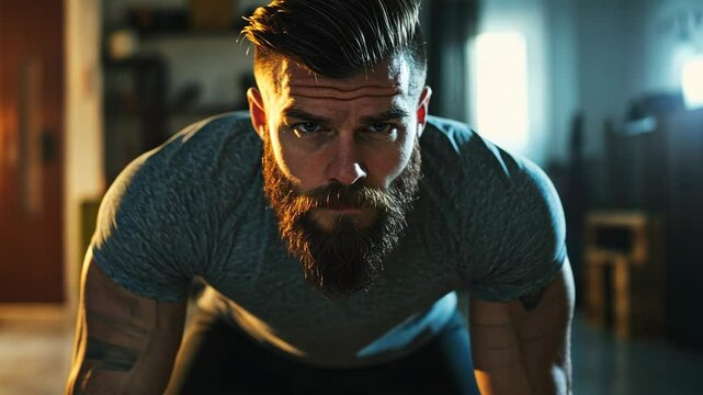 A bearded man in a blue shirt is working out indoors, focusing intently on his exercise