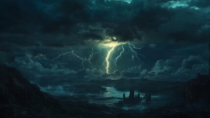 Obraz premium Majestic Distant Thunderstorm: Illuminated Landscape with Lightning Flashes