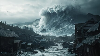 Fototapeta premium Impending Disaster: Coastal Village Facing Tsunami Threat with Towering Waves in Background