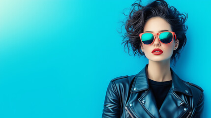 Fashion model with messy hair and red lipstick is posing in a studio, wearing a leather jacket and sunglasses
