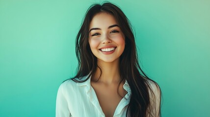 Young smiling happy cheerful fun satisfied cool woman she wearing white top shirt casual clothes looking camera isolated on plain pastel light blue cyan background studio portrait. generative ai