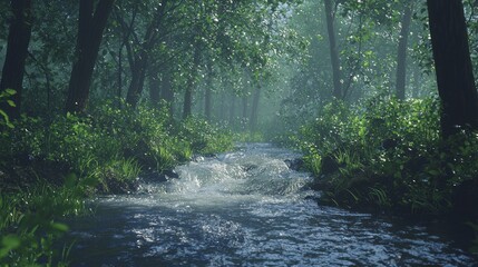 Obraz premium Dynamic Transformation: Small Creek Overflowing in Lush Forest After Heavy Rains