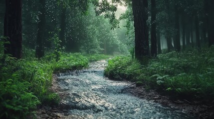 Obraz premium Serene Creek in Lush Forest Overflows After Heavy Rainfall - Natural Disaster Concept in Nature