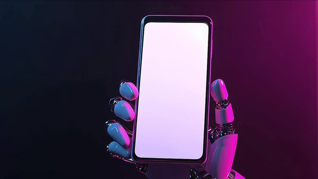 Close-up of Futuristic Robot hand holding smartphone with blank screen. Mobile cell phone with Blank display Space for text