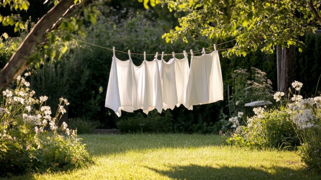 A line of white clothes hanging on a clothesline in a yard