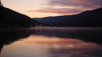 Fototapeta premium Tranquil Mountain Lake at Sunset with Mist