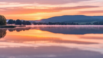 Obraz premium Peaceful Lake Sunrise with Mist and Reflections