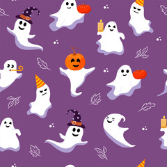 Vector seamless pattern. Cute halloween ghost and autumn leaves.  Different funny characters on purple background.