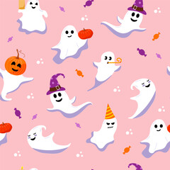 Vector seamless pattern of cute halloween ghost.  Different funny characters on pink background.