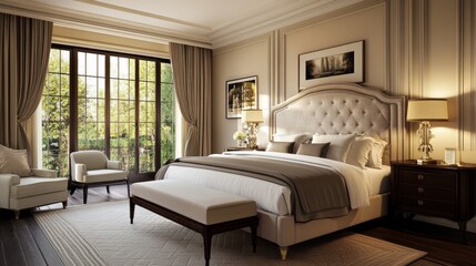 A large bedroom with a white bed, a white chair, and a white bench