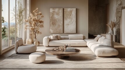 A living room with a white couch, a coffee table, and a potted plant