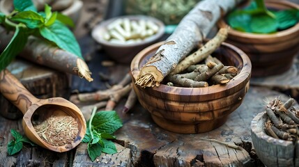 Fototapeta premium Close-up of various herbs and roots in wooden bowls, showcasing the ingredients used in herbal medicine.