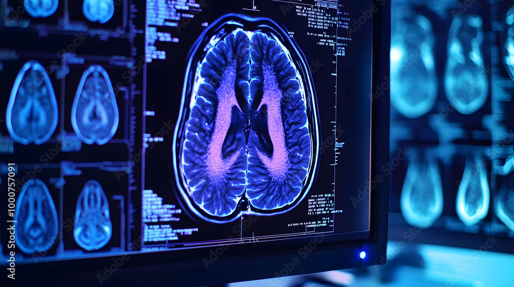 Poster a close-up of a brain scan on a computer screen. the scan shows the structure of the brain in detail